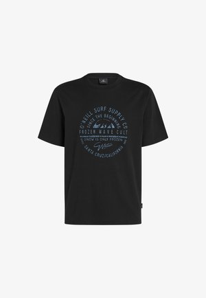 Čierne bavlnené tričko s modrou grafikou, textom, vlnitými vzormi a okrúhlym dizajnom. Krátke rukávy a okrúhly výstrih.