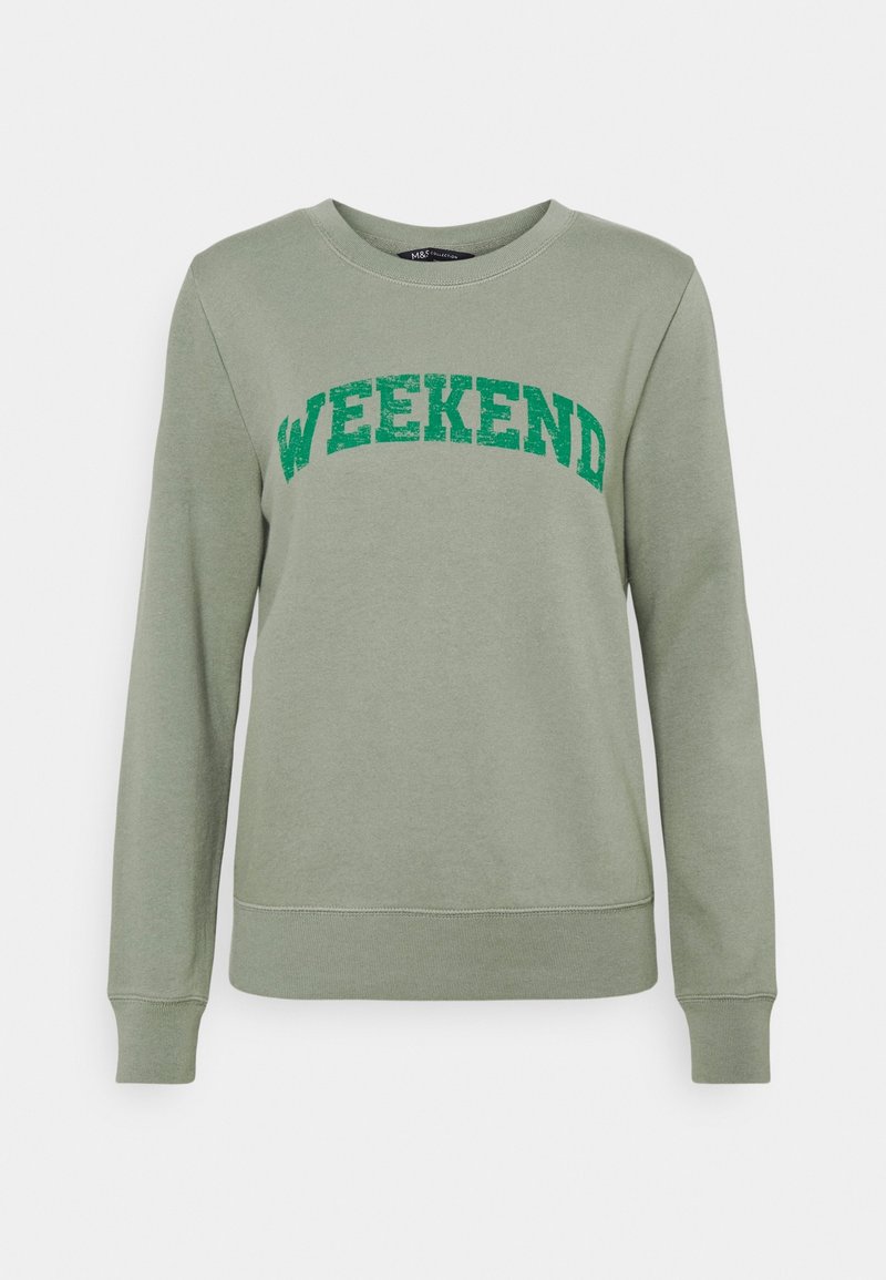 Groene sweatshirt met het woord "WEEKEND" in vet, donkergroene letters. Gemaakt van zacht stof met een ronde hals en geribbelde manchetten.