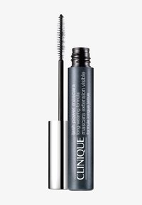 Mascara Lash Power de Clinique dans un tube bleu métallique foncé avec des accents argentés. Comprend une brosse fine en plastique avec des poils pour une application précise.