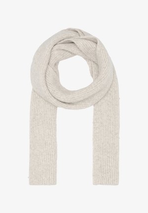 Hellgrau gestrickter Schal mit einem strukturierten Rippenmuster und kleinen glitzernden Akzenten, die zu einer lockeren Schlaufe angeordnet sind.