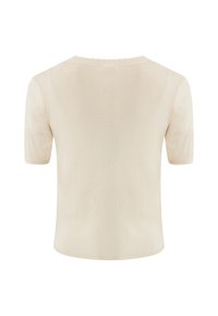 Krátký rukáv, krémová halenka vyrobená z jemného pleteného materiálu. Má zvlněný výstřih a přiléhavý střih s hladkou texturou.