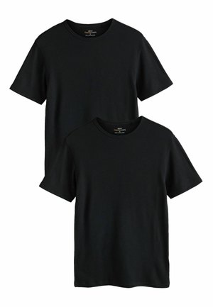 Zwei schwarze T-Shirts mit kurzen Ärmeln, zusammen präsentiert. Der Stoff hat eine gerippte Textur. Beide verfügen über runde Ausschnitte und eine lockere Passform.