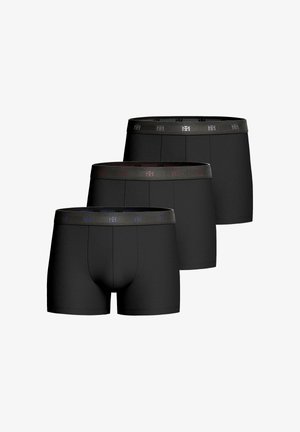 Shorts de boxer en coton noir mélangé. Présente une ceinture élastique contrastante avec un logo en gris, rouge et bleu. Trois paires exposées.