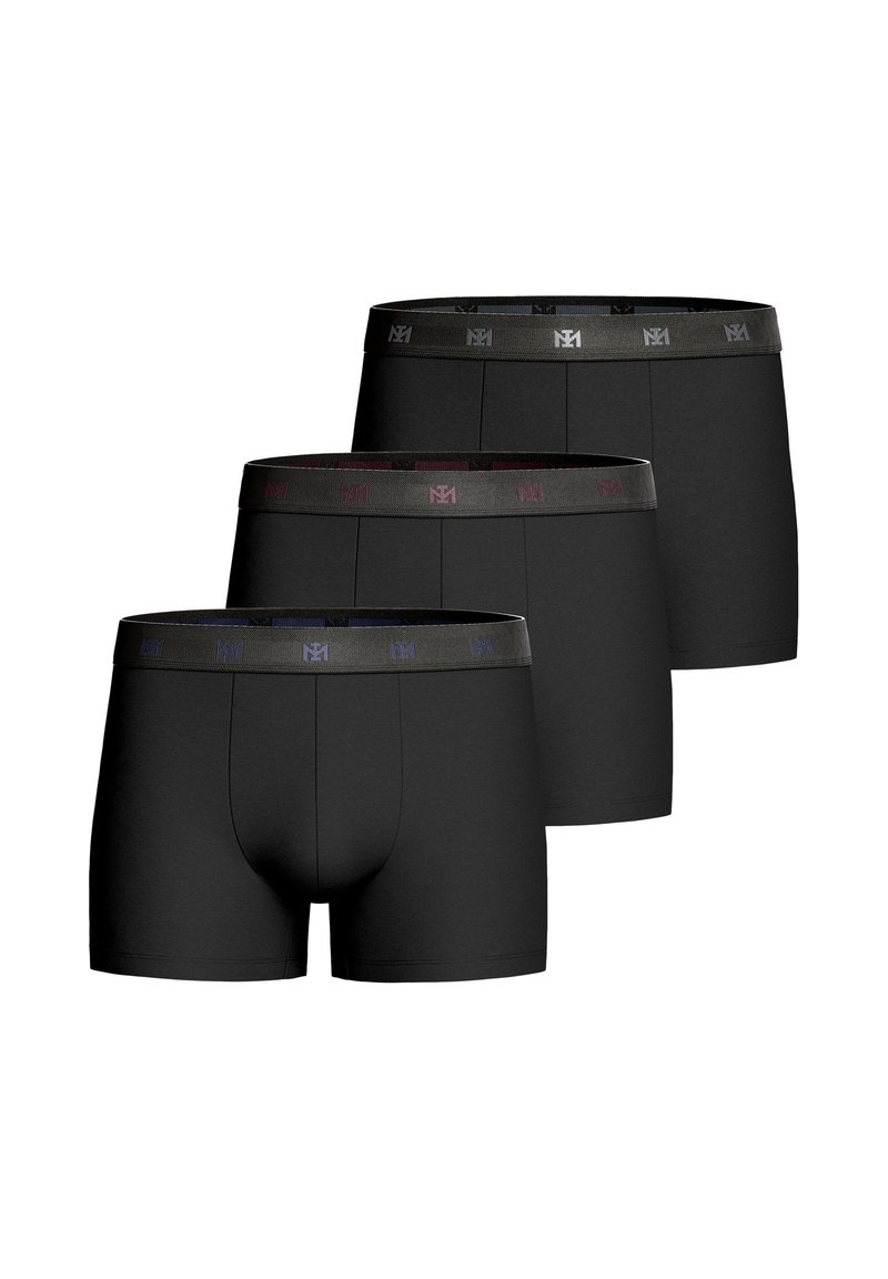 Boxer shorts in black cotton blend. Features contrasting elastic waistband with logo in gray, red, and blue. Three pairs displayed.