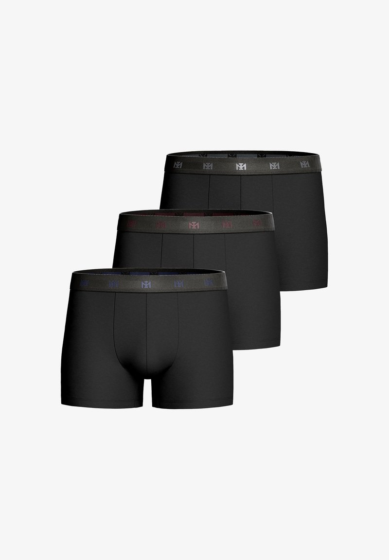 Boxer shorts in black cotton blend. Features contrasting elastic waistband with logo in gray, red, and blue. Three pairs displayed.