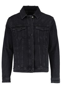 Veste en jean noire avec fermeture à boutons sur le devant, deux poches poitrine à rabat, poches latérales et col classique.