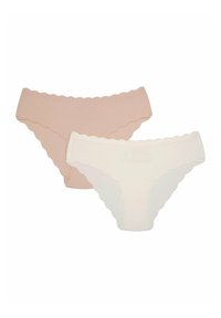 Two pairs of women's panties: one in soft pink and the other in off-white. Both feature scalloped edges and a seamless design.