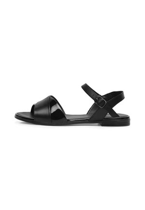 Schwarze Leder-Sandalen mit einer glänzenden Zehenkappe, offenem Design, Knöchelriemen und flacher Sohle. Verfügt über eine Schnalle und ein einfaches Riemchen-Detail.