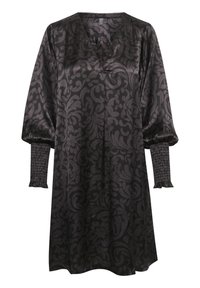 Černé šaty s květinovým vzorem vyrobené z lesklého materiálu. Mají výstřih do V, nabírané rukávy a elastické manžety. Volný střih.