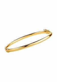 Kuldne bangle käevõru, millel on sile, läikiv pind ja sõlmepõhine detail ühel küljel, ning ringikujuline avatud disain.