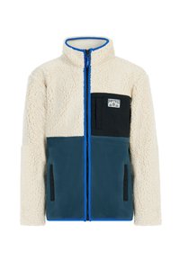Fleece jacket with cream and teal color blocks, high collar, blue zipper, and a black chest pocket featuring a logo patch. Textured feel.