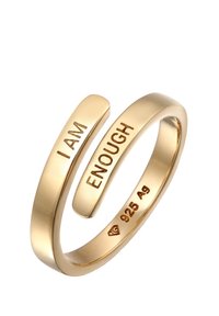 Guldtonad justerbar ring har en slank design med graverad text "JAG ÄR" och "TILLRÄCKLIG", tillverkad av 925 sterling silver med en polerad finish.
