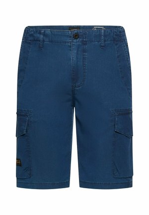 Blauwe cargoshorts tot op de knie met zijflapzakken, knoopsluiting aan de voorkant en riemlussen.