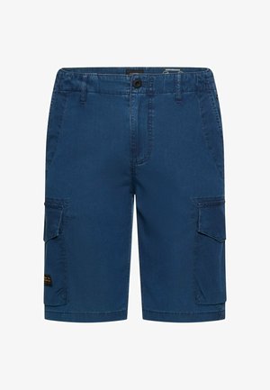 Blauwe cargoshorts tot op de knie met zijflapzakken, knoopsluiting aan de voorkant en riemlussen.
