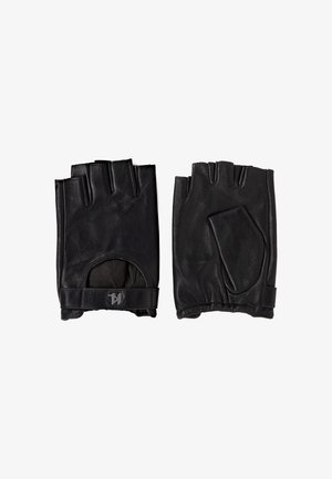 Svart läder fingerlösa handskar med en slät textur, med en öppen palmdesign och justerbara handledsremmar för en säker passform.