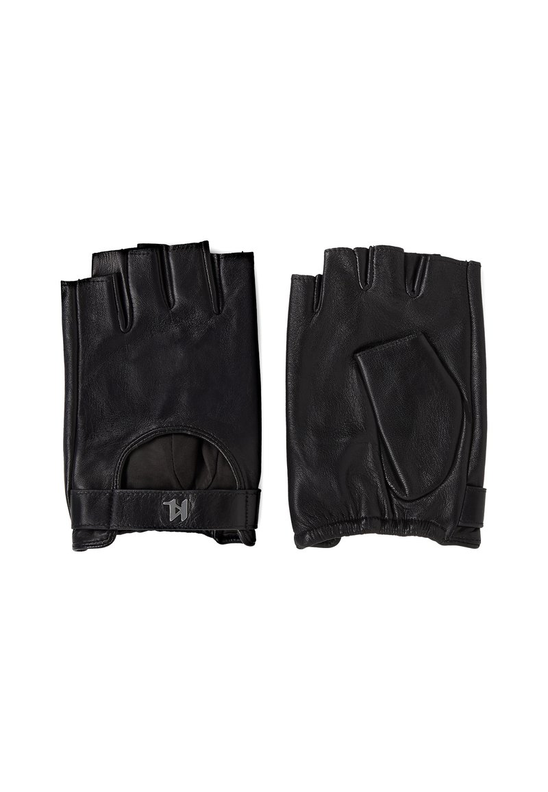 Black leather fingerless gloves with a smooth texture, featuring an open palm design and adjustable wrist straps for a secure fit.