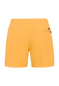 Costume da bagno da uomo arancione brillante con vita elastica e tasca posteriore con zip sul lato destro.