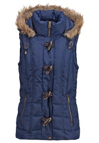 Granatowa pikowana kamizelka bez rękawów z kapturem wyłożonym futerkiem, zamkiem błyskawicznym z przodu i zapięciami na guziki z pętelkami oraz dwoma bocznymi kieszeniami na zamek.
