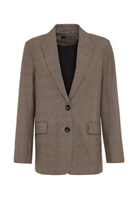 Blazer à carreaux marron confectionné en tissu texturé, doté d'un col cranté, de deux poches avant et de deux boutons noirs à l'avant.