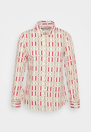 White long-sleeve shirt with red stripes and a gold chain pattern. Features a button-up front and cuffs with matching accents.