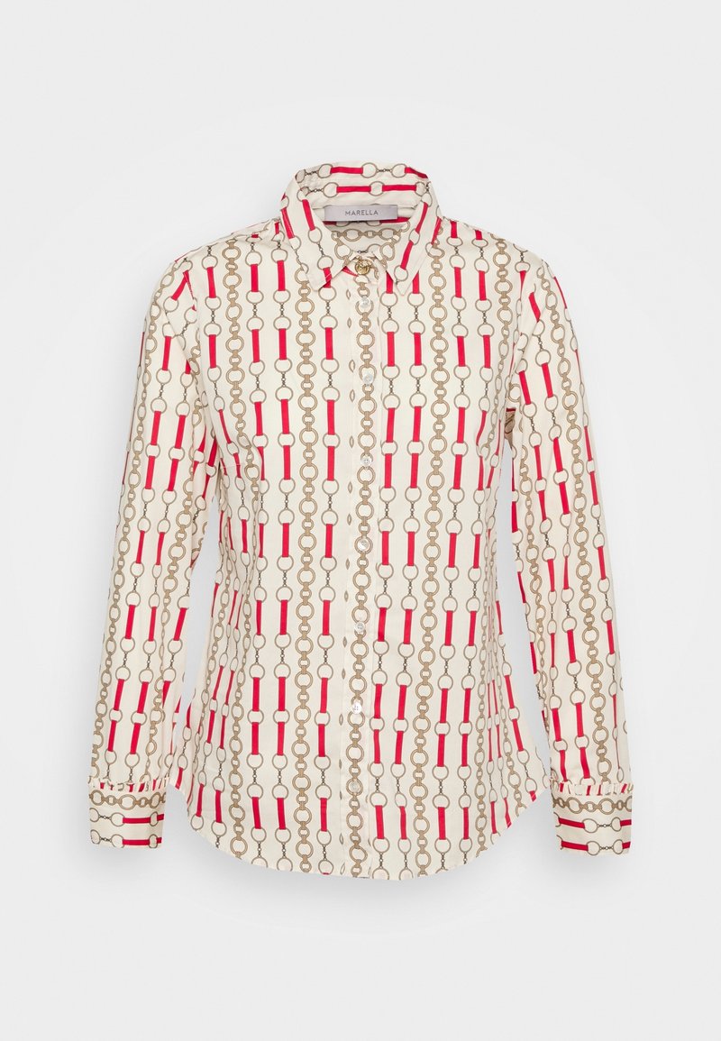Camicia bianca a maniche lunghe con righe rosse e un motivo a catena dorata. Presenta una chiusura a bottoni e polsini con dettagli coordinati.