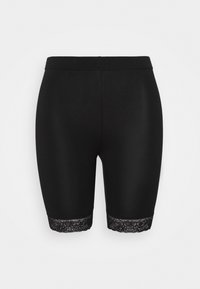 Sorte cykelshorts med et tætsiddende design, der har en blonderamme i kanten og en glat tekstur. Elastisk talje for komfort.