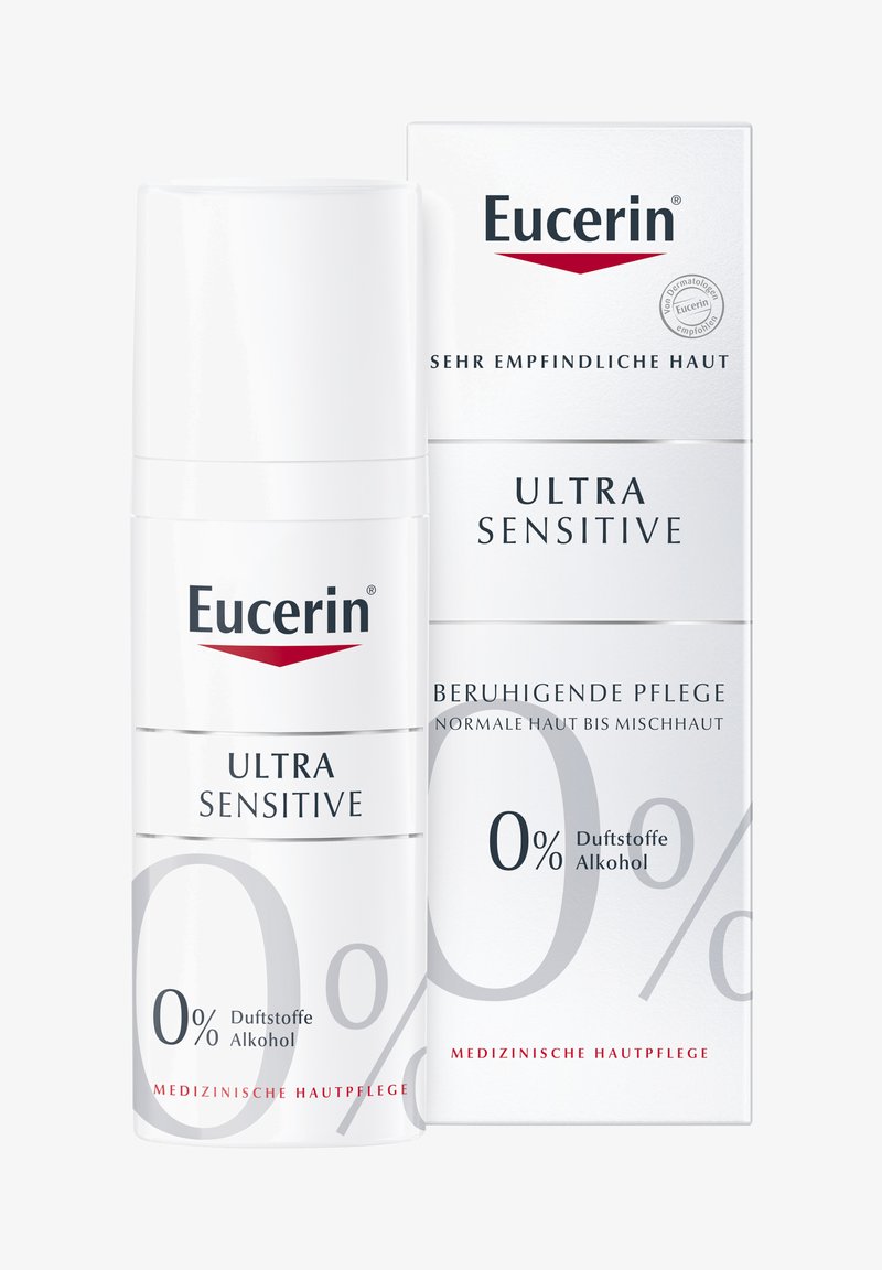 Eucerin Ultra Sensitive Hautpflegeproduktflasche und -verpackung mit Angabe von 0 % Duftstoffe und Alkohol, für empfindliche sowie normale bis Mischhaut.