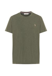 T-shirt in cotone verde oliva con scollo rotondo e maniche corte. Presenta un piccolo logo ricamato sul lato sinistro del petto.