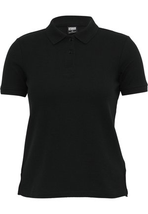 Polo noir avec col classique, manches courtes et patte de boutonnage à trois boutons. Fabriqué en tissu lisse avec des fentes latérales à l'ourlet.