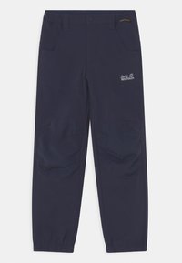 Námořnické venkovní kalhoty vyrobené z lehkého materiálu, s vyztuženými kolenními záplatami, bočními kapsami a elastickými kotníky. Zobrazeno logo značky.