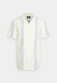 Camicia a maniche corte con bottoni in giallo, bianco e blu chiaro a righe verticali. Presenta una tasca sul petto e un colletto a punta. Materiale in misto cotone.