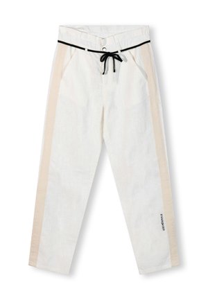 Pantaloni bianchi in lino con pannelli laterali beige e un cordoncino nero. Presentano una chiusura a bottone e una texture fine.