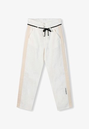 White linen pants with beige side panels and a black drawstring. Features a button closure and fine texture.
