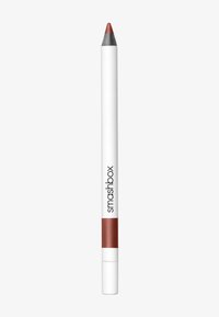 Crayon à lèvres Smashbox dans un étui cylindrique blanc, avec une pointe effilée dans une teinte de brun atténué et des accents métalliques à l'extrémité.