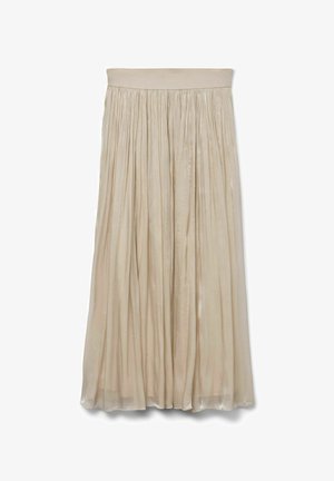 Plisowana spódnica midi w jasnym beżu, z gładkim, szerokim pasem. Wykonana z lekkiej, przezroczystej tkaniny o subtelnym połysku.
