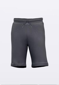 Shorts gris en mélange de coton avec une taille élastique, un cordon de serrage, des jambes larges et des revers pliés.