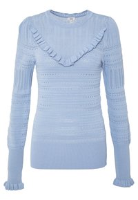 Helles blaues Strickpullover mit Rüschenausschnitt, strukturierten Streifen und langen Ärmeln mit ausgestellten Bündchen. Beinhaltet dekorative offene Muster.
