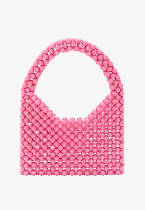Rózsaszín gyöngyökkel díszített kézitáska, lekerekített fogantyúval és nyitott tetejű kialakítással, sima, gömbölyű gyöngyökből készült fényes kiegészítőkkel.