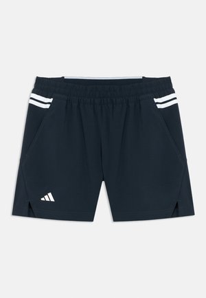 Shorts de sport bleu marine avec une ceinture élastique, deux poches latérales, des bandes d'accent blanches et un petit logo blanc en bas à gauche.