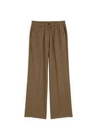 Wijde broek van een gestructureerde bruine stof met een koord in de taille, voorzien van zijzakken en een losse pasvorm voor comfort.
