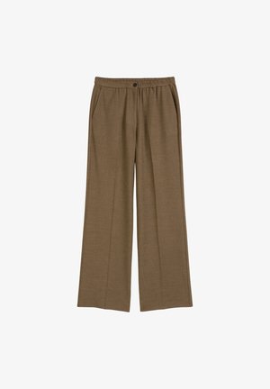 Pantalons à jambes larges en tissu marron texturé avec une taille à cordon, dotés de poches latérales et d'une coupe ample pour le confort.