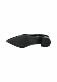 Black patent leather pump with a pointed toe, slender heel, and smooth texture. Plain sole with minimal detailing.