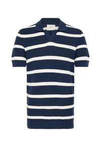 Polo rayé aux couleurs bleu marine et blanc, manches courtes, col en V, motif en maille texturée et ourlet côtelé.