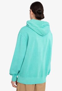 Sudadera con capucha turquesa de corte relajado, con puños y dobladillo acanalados. Detalles de costura visibles y textura suave. Vista trasera mostrada.