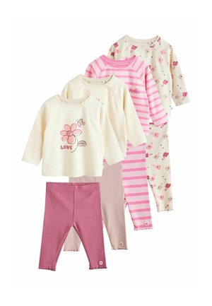 Five-piece children's clothing set featuring long-sleeve tops and leggings in soft cotton. Colors include cream, pink, and mauve; patterns vary.