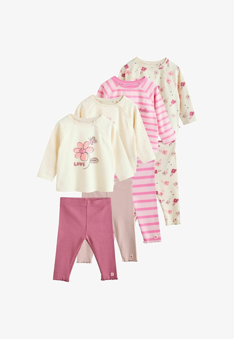 Ensemble de vêtements pour enfants en cinq pièces comprenant des hauts à manches longues et des leggings en coton doux. Les couleurs comprennent crème, rose et mauve ; les motifs varient.
