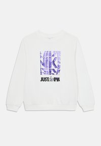 White sweatshirt featuring a purple graphic with "NIKE" and "JUST do IT" printed in black. Soft fabric, crew neck design, and ribbed cuffs.