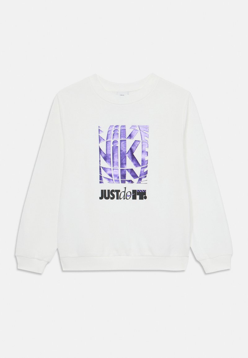 Sweatshirt branco com uma impressão roxa com "NIKE" e "JUST do IT" em preto. Tecido suave, design de gola redonda e punhos canelados.