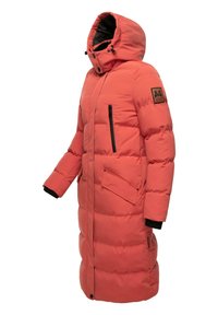 Jachetă puffer lungă corai cu glugă, având două buzunare cu fermoar, închidere cu capse și dantelă neagră pe mansete. Design matlasat texturat.