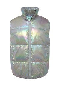 Reflecterende, iriserende puffer vest met hoge kraag, rits aan de voorkant en afgeronde zoom. Bevat gewatteerde panelen en zijzakken.